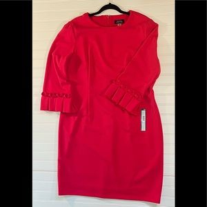 Formal, professional red dress. Ready for a holiday event or wedding.